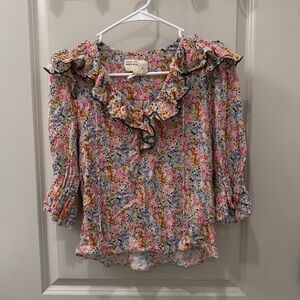 Ted Baker Women's Eton Floral Frill Blouse Size 0 Made in Britain Spring Preppy